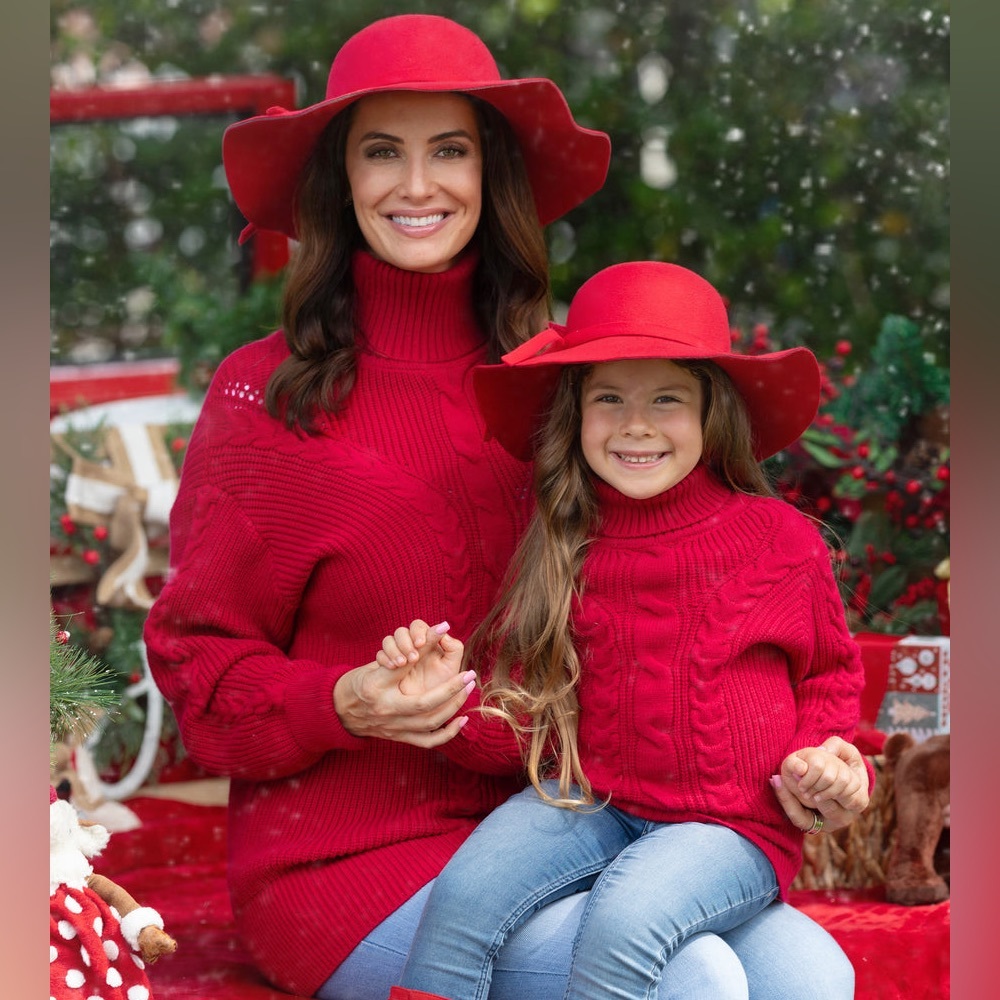 Mia Belle Girls Mommy and Me Red Oversized Cable Knit Sweater, Medium and 2T